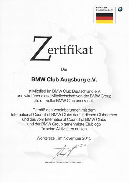 Zertifikat BMW Club Deutschland e.V.